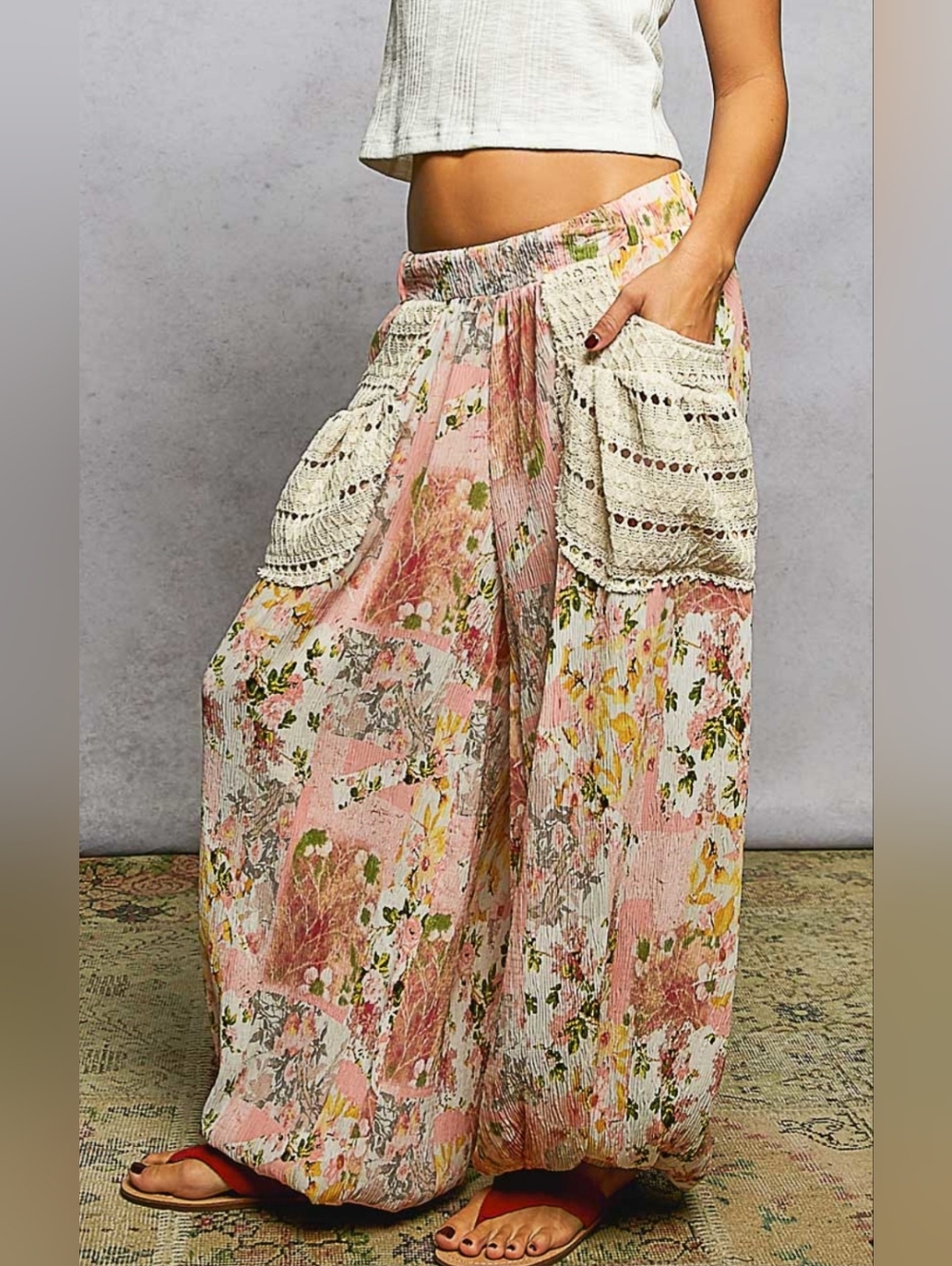 POL Floral Pink Patch-Pocket Boho Track Pants - Picture 3 of 5